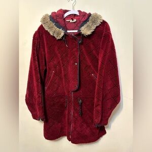 Woolrich VTG Fleece Jacket Coat With Faux‎ Fur Hood Size Large